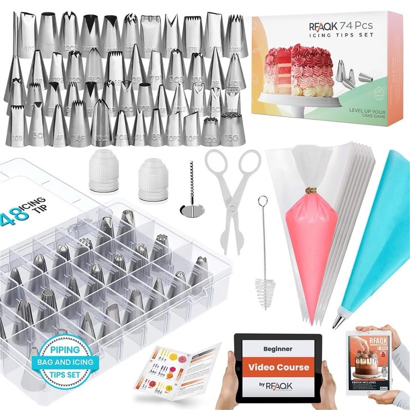 RFAQK 74 PCs Icing Piping Bags and Tips Set, Cake Decorating Kit with 48-Numbered Piping Tips, 20+1 Pastry Bags for Cookie Cupcake Cake Decoration, Cake Decorating Tips Set with Booklet and E-book - Image 1