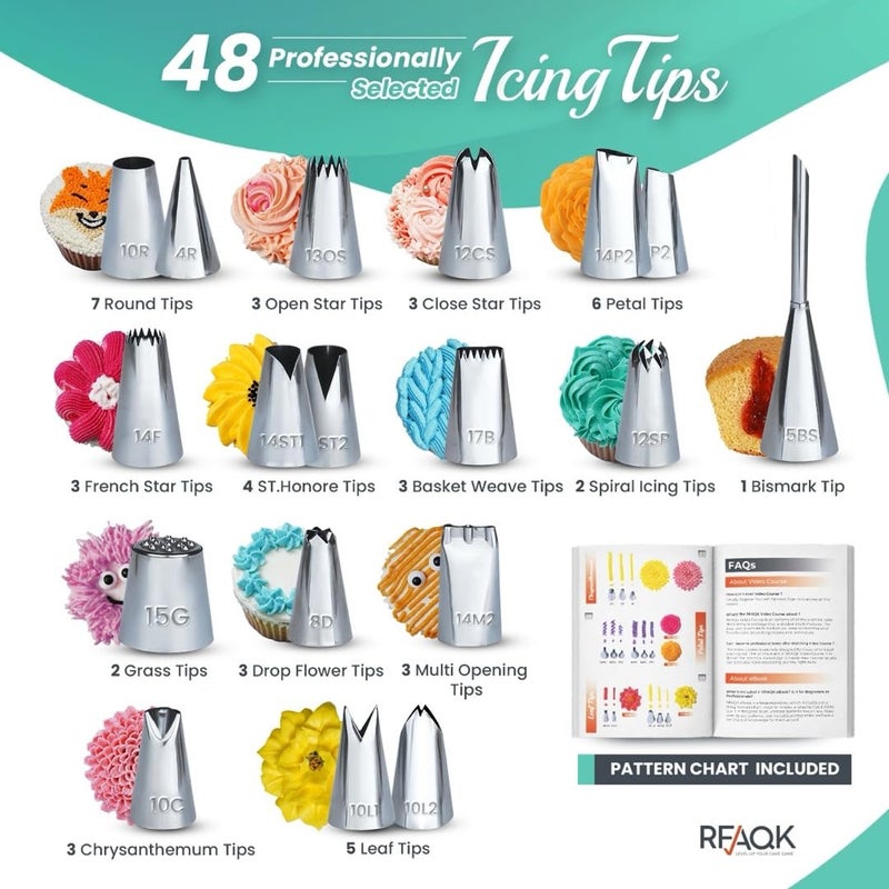 RFAQK 74 PCs Icing Piping Bags and Tips Set, Cake Decorating Kit with 48-Numbered Piping Tips, 20+1 Pastry Bags for Cookie Cupcake Cake Decoration, Cake Decorating Tips Set with Booklet and E-book - Image 3
