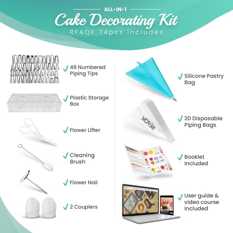 RFAQK 74 PCs Icing Piping Bags and Tips Set, Cake Decorating Kit with 48-Numbered Piping Tips, 20+1 Pastry Bags for Cookie Cupcake Cake Decoration, Cake Decorating Tips Set with Booklet and E-book - Image 2