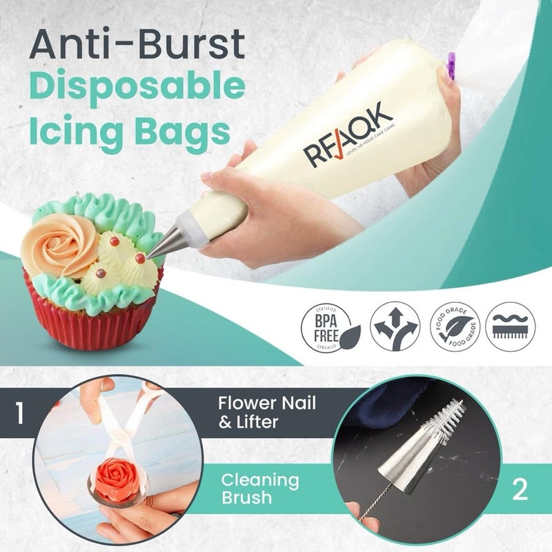 RFAQK 74 PCs Icing Piping Bags and Tips Set, Cake Decorating Kit with 48-Numbered Piping Tips, 20+1 Pastry Bags for Cookie Cupcake Cake Decoration, Cake Decorating Tips Set with Booklet and E-book - Image 4