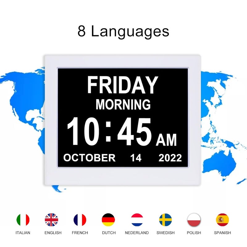 KASTISS Newest Version Digital Day Calendar Clock Clock for Elderly Programmable Medication Reminder Hourly Chime Suitable for Visually Impaired Desktop Wall Hanging White - Image 4