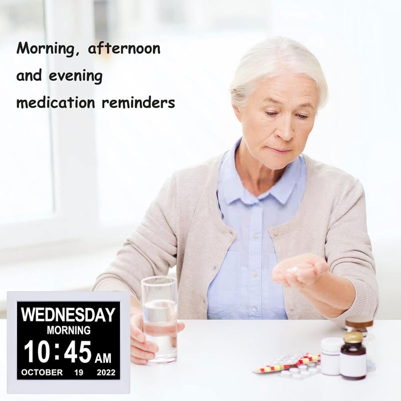 KASTISS Newest Version Digital Day Calendar Clock Clock for Elderly Programmable Medication Reminder Hourly Chime Suitable for Visually Impaired Desktop Wall Hanging White - Image 3