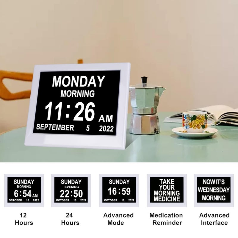 KASTISS Newest Version Digital Day Calendar Clock Clock for Elderly Programmable Medication Reminder Hourly Chime Suitable for Visually Impaired Desktop Wall Hanging White - Image 5