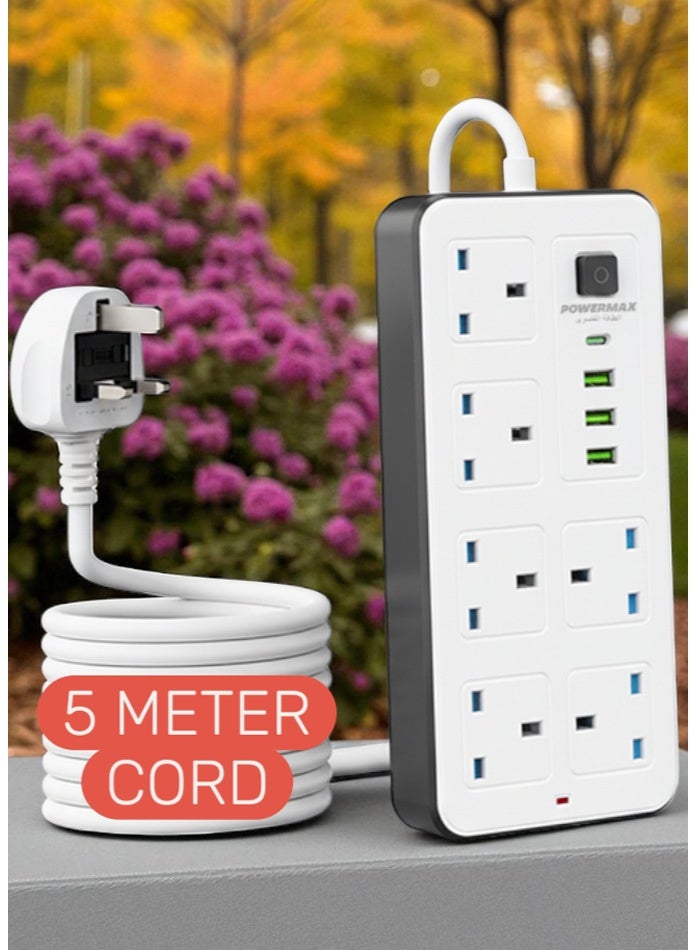 PowerMax 5M Rectangular Power Strip | 6 Anti-Static Sockets | 3 USB-A & 1 USB-C Ports | Master Switch | Overload Protection | Fire Retardant | Child Safety | 2500W Max Power - Image 2