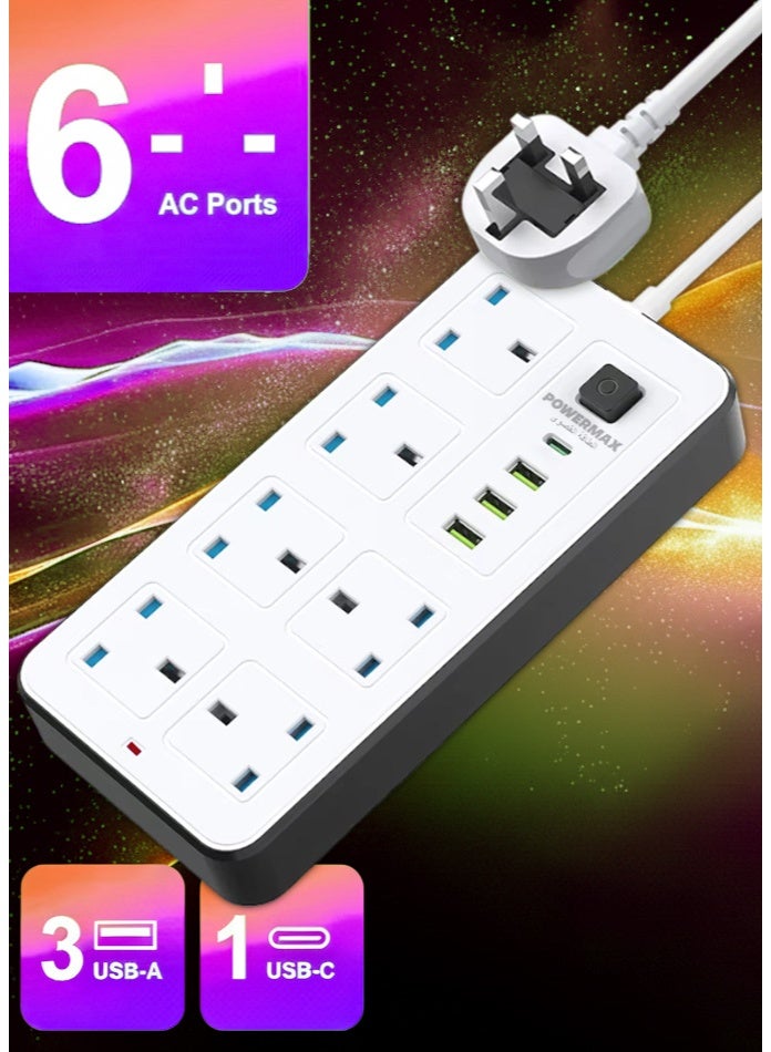 PowerMax 5M Rectangular Power Strip | 6 Anti-Static Sockets | 3 USB-A & 1 USB-C Ports | Master Switch | Overload Protection | Fire Retardant | Child Safety | 2500W Max Power - Image 3