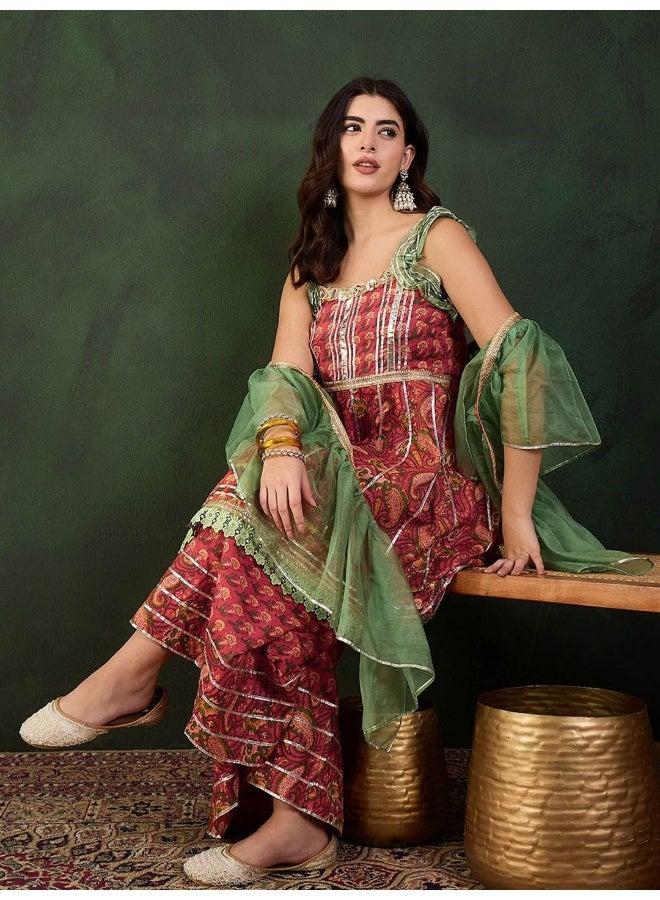 AKS Red Cottton Sharara Kurta With Organza Sleeve Detail - Image 1