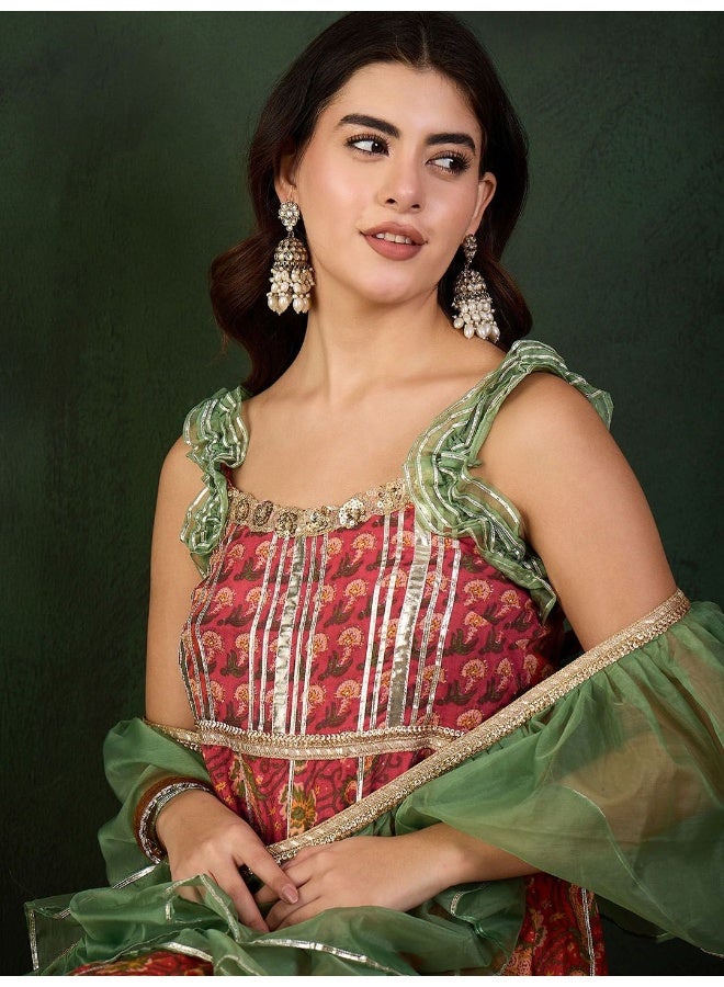 AKS Red Cottton Sharara Kurta With Organza Sleeve Detail - Image 2