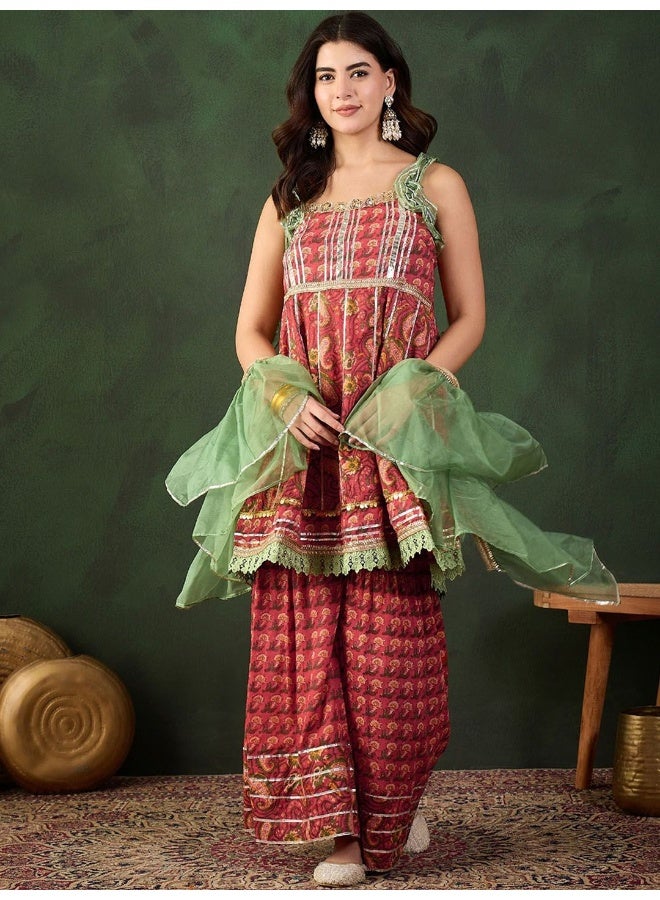 AKS Red Cottton Sharara Kurta With Organza Sleeve Detail - Image 5