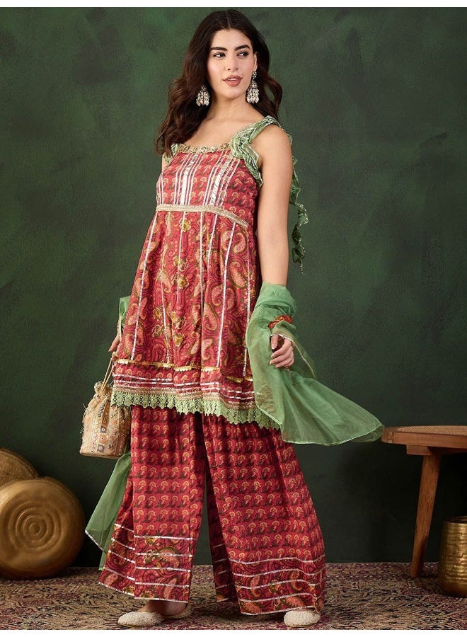 AKS Red Cottton Sharara Kurta With Organza Sleeve Detail - Image 4