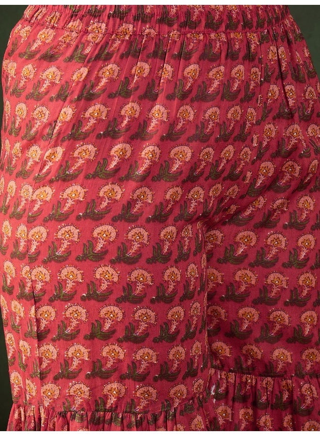 AKS Red Cottton Sharara Kurta With Organza Sleeve Detail - Image 3