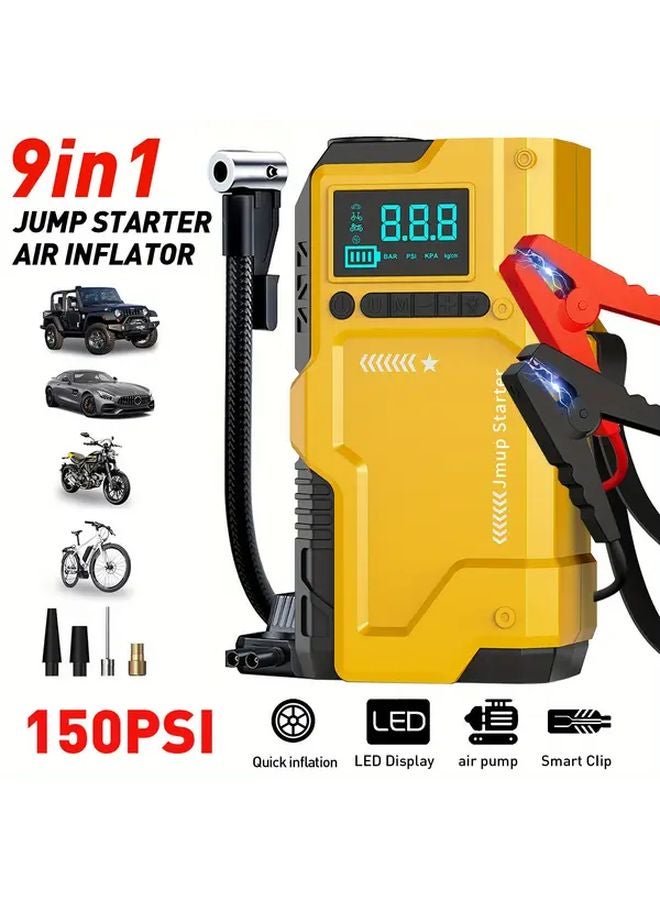 Yellow 9 in 1 Multi Function Car Jump Starter with Air Compressor 5000A Peak USB Rechargeable - Image 1