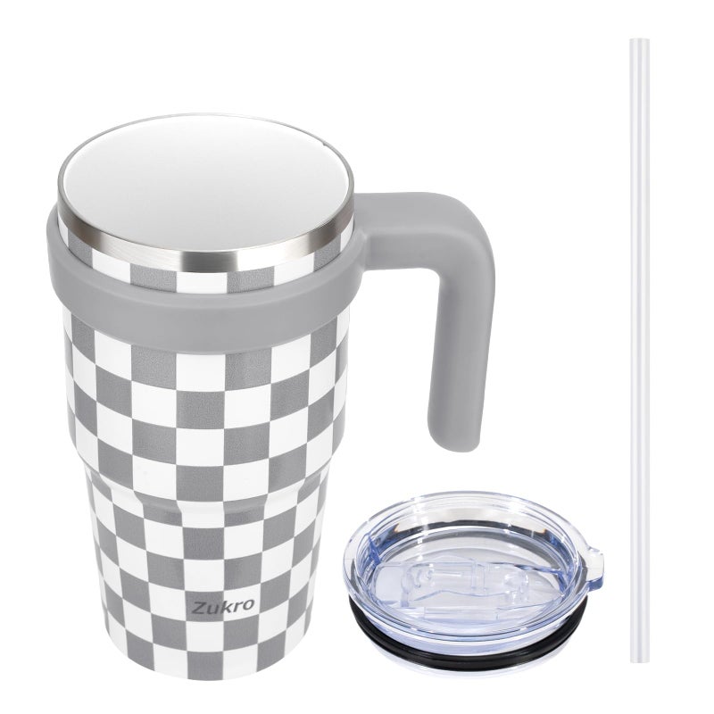 Zukro 20 oz Ceramic Lined Insulated Tumbler with Handle and Straw For Pure Coffee Taste Reusable Travel Mug with SpillProof Lid Stainless Steel Iced and Hot Coffee Cup BPAFree Checker