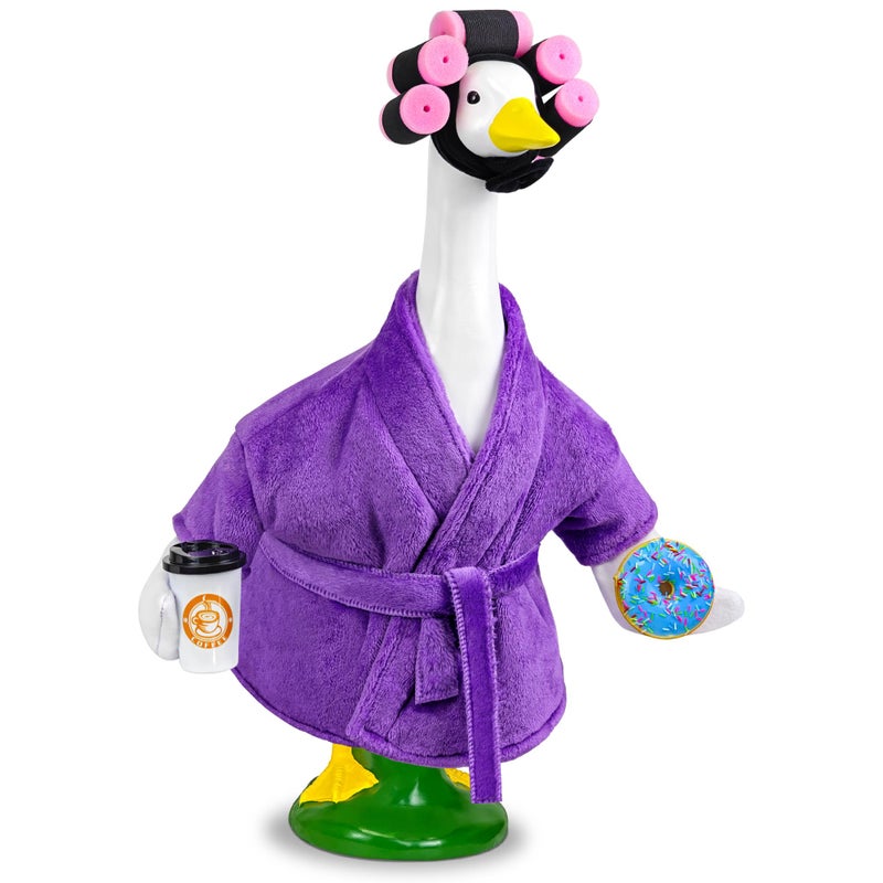 Ueyben Lady Porch Goose Outfits, Spring Goose Clothes Summer Geese Costume Pajamas with Bathrobe Coffee Cup Donuts Waistband Curler for 17''/23" Lawn Cement Plastic Geese for Garden Yard Decoration - Image 1