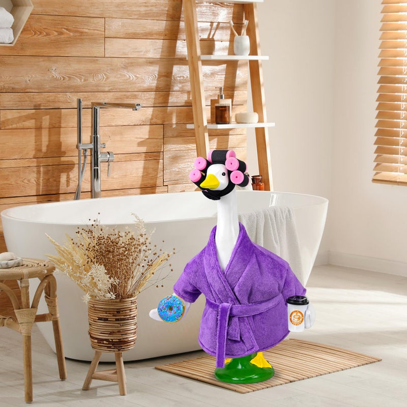 Ueyben Lady Porch Goose Outfits, Spring Goose Clothes Summer Geese Costume Pajamas with Bathrobe Coffee Cup Donuts Waistband Curler for 17''/23" Lawn Cement Plastic Geese for Garden Yard Decoration - Image 5