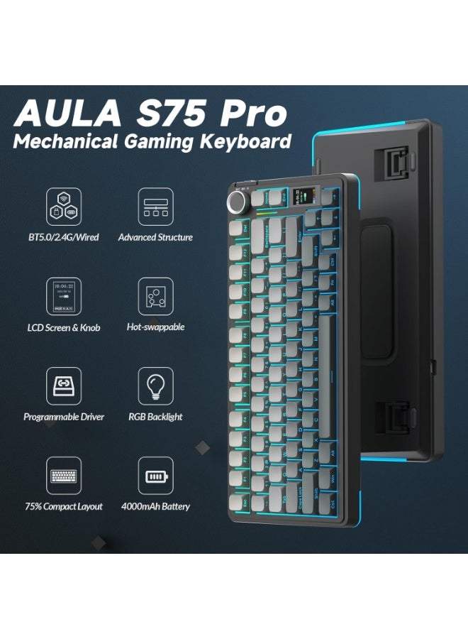 أولا كيبورد AULA S75 PRO ميكانيكي لاسلكي لون Gradient Black بشاشة LCD ومقبض تحكم واتصال ثلاثي الأوضاع وإضاءة RGB - Image 5