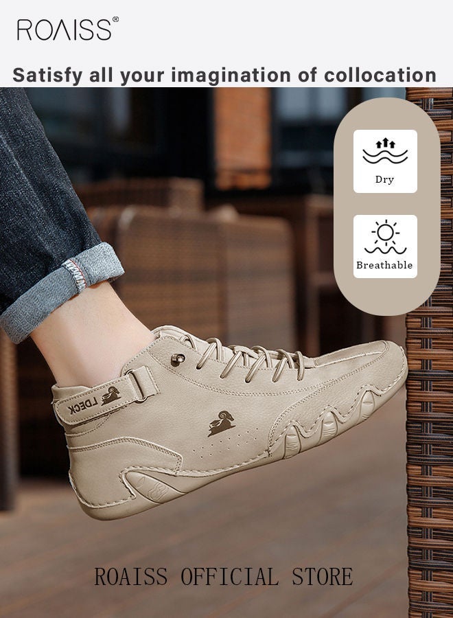roaiss Men’s Soft Leather Ankle Casual Loafers Lace-Up Anti Slip Walking Shoes Men's Tooling Style Martin Boots Men Casual Mid Top Leather Boots  Men's Boots Ankle Lace Up Casual Boots  - Image 2