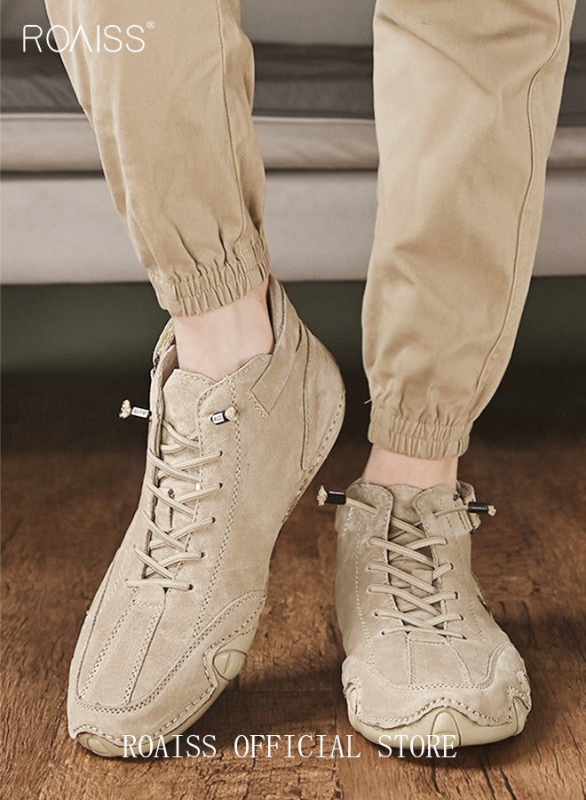 roaiss Men’s Soft Leather Ankle Casual Loafers Lace-Up Anti Slip Walking Shoes Men's Tooling Style Martin Boots Men Casual Mid Top Leather Boots  Men's Boots Ankle Lace Up Casual Boots  - Image 1