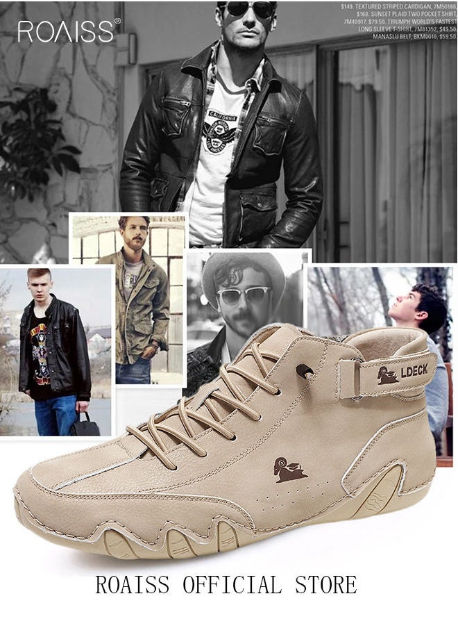 roaiss Men’s Soft Leather Ankle Casual Loafers Lace-Up Anti Slip Walking Shoes Men's Tooling Style Martin Boots Men Casual Mid Top Leather Boots  Men's Boots Ankle Lace Up Casual Boots  - Image 4