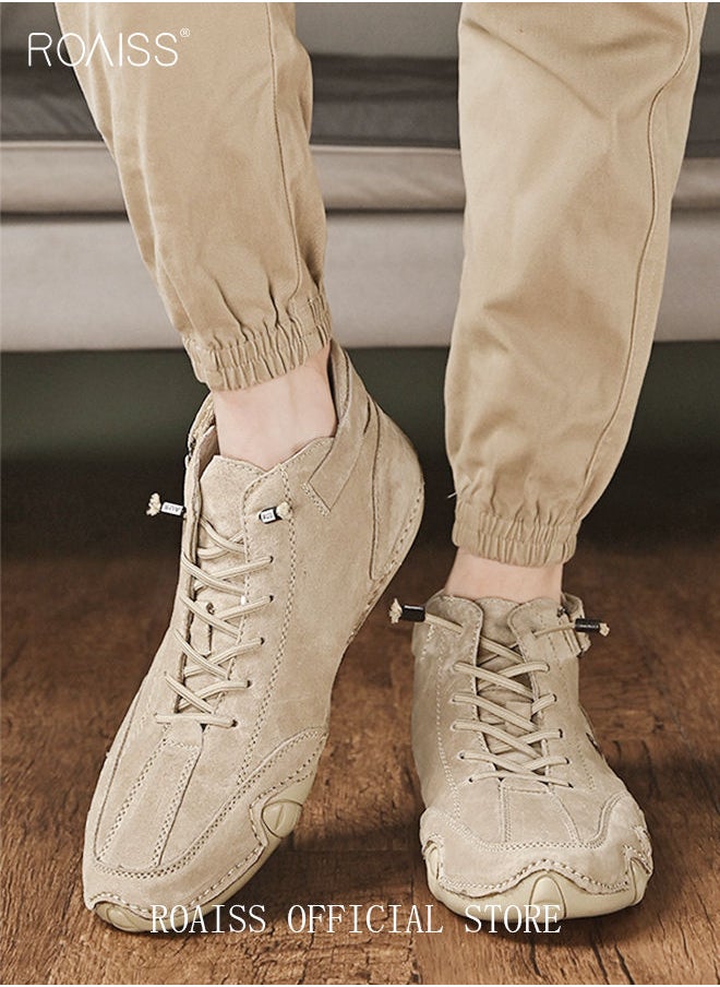 roaiss Men’s Soft Leather Ankle Casual Loafers Lace-Up Anti Slip Walking Shoes Men's Tooling Style Martin Boots Men Casual Mid Top Leather Boots  Men's Boots Ankle Lace Up Casual Boots  - Image 2
