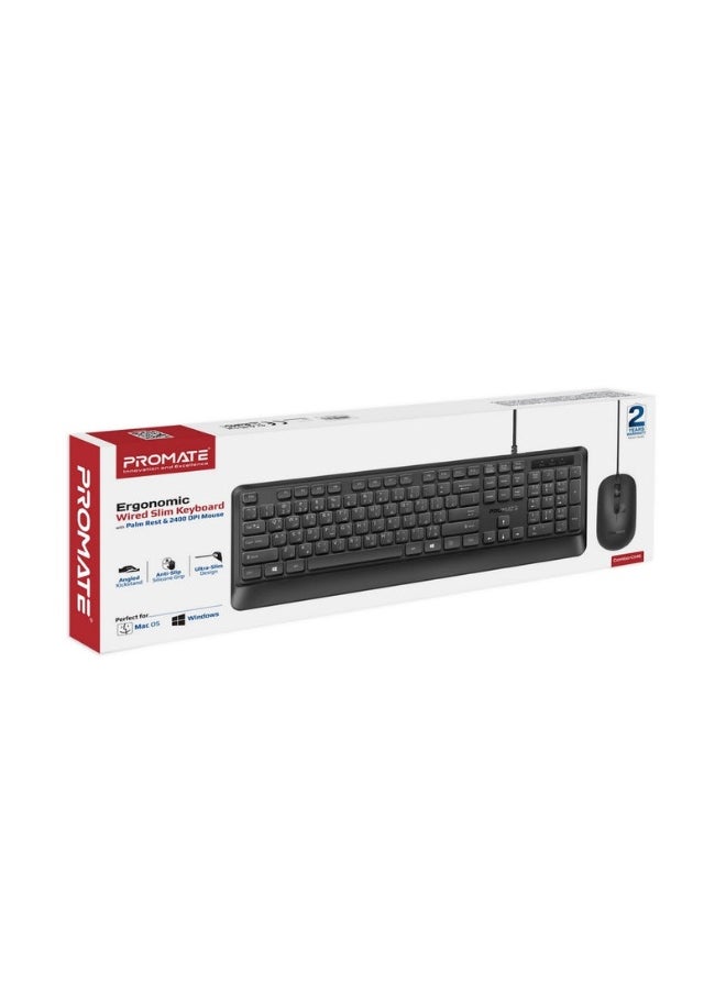 Promats - Promate combo-cm5 Ergonomic Wired Slim Keyboard with Palm Rest and 2400 DPI Mouse - Image 1