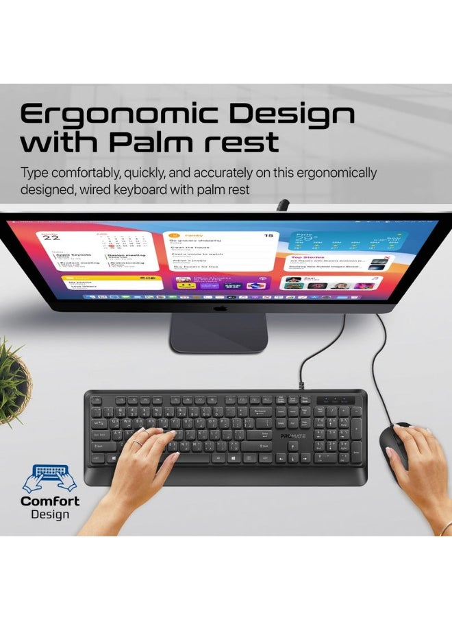 Promats - Promate combo-cm5 Ergonomic Wired Slim Keyboard with Palm Rest and 2400 DPI Mouse - Image 1