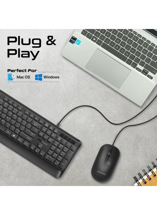 Promats - Promate combo-cm5 Ergonomic Wired Slim Keyboard with Palm Rest and 2400 DPI Mouse - Image 1