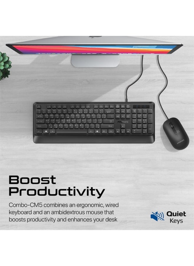 Promats - Promate combo-cm5 Ergonomic Wired Slim Keyboard with Palm Rest and 2400 DPI Mouse - Image 1