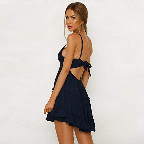 ECOWISH Womens V-Neck Spaghetti Strap Bowknot Backless Sleeveless Lace Mini Swing Skater Dress Navy Blue-1 Small - Image 4