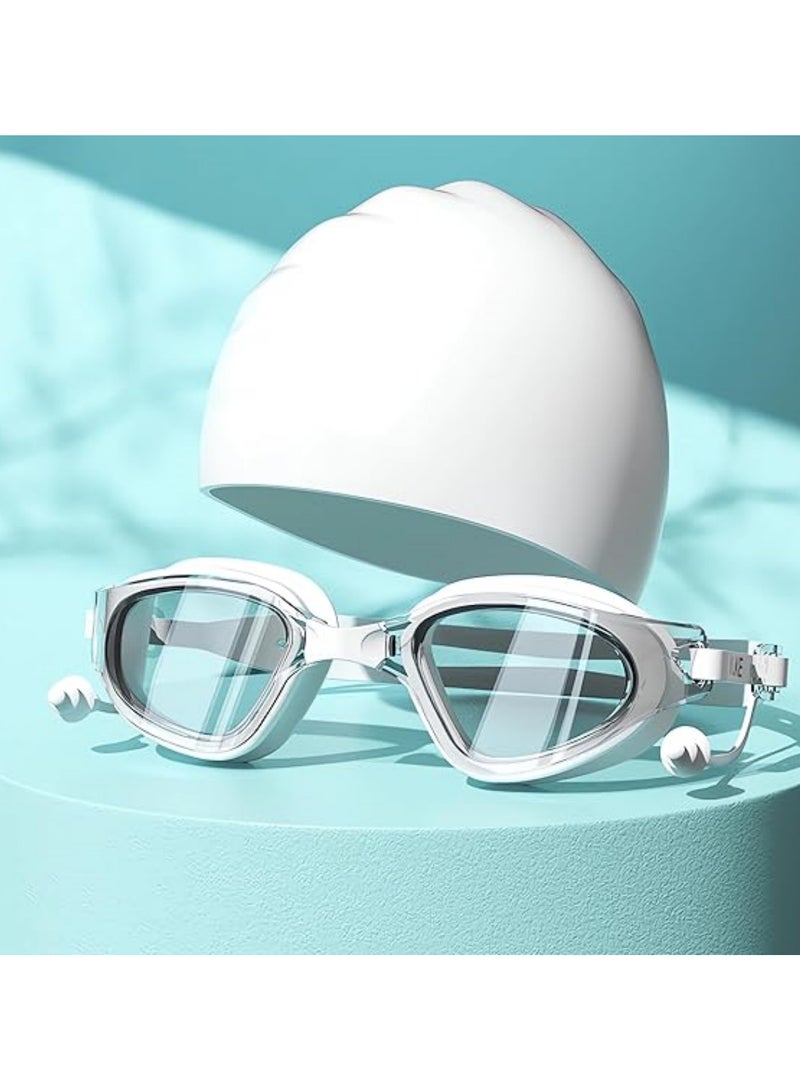 HI-FINE Swim Goggles and Cap Set 4 in 1, UV 400 Protection Lenses Clear Anti-Fog Swimming Goggles Waterproof No Leaking for Adult Men Women,white - Image 1