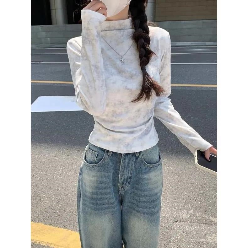 Half-High Collar Fleece Long-Sleeved T-Shirt Women'S Tie-Dyed Pleated Shoulder Design Sense Base Shirt With Short Top - Image 3
