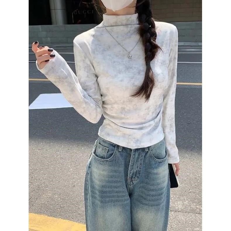 Half-High Collar Fleece Long-Sleeved T-Shirt Women'S Tie-Dyed Pleated Shoulder Design Sense Base Shirt With Short Top - Image 4