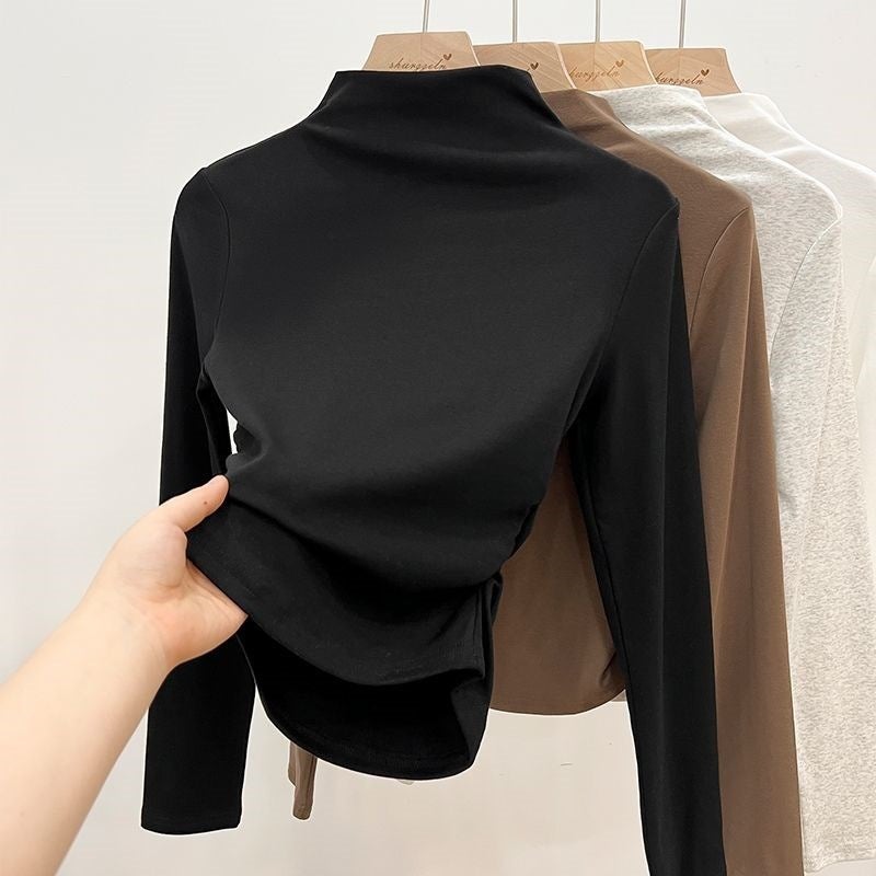 Half-High Collar Fleece Long-Sleeved T-Shirt Women'S Tie-Dyed Pleated Shoulder Design Sense Base Shirt With Short Top - Image 1
