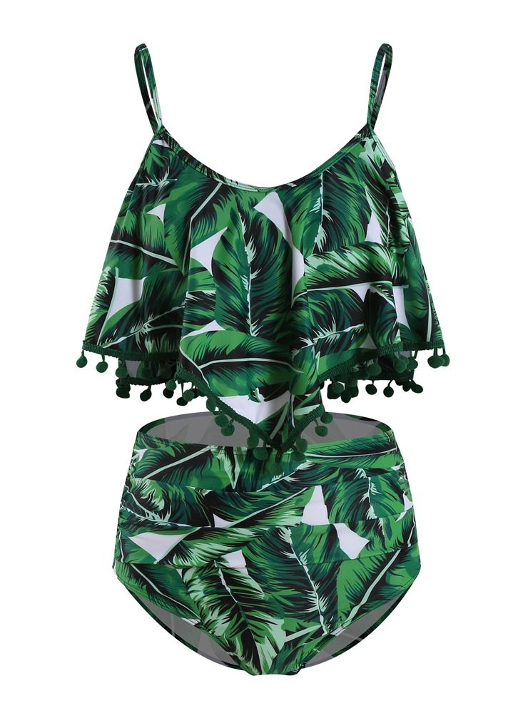 Flouncy Printed High Waist Bikini Swimwear Green