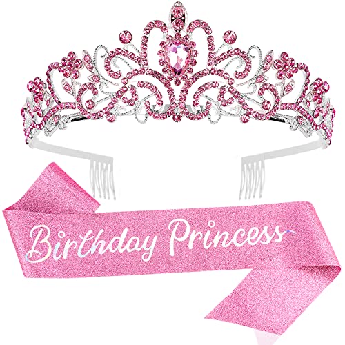 VELSCRUN Birthday Princess Crowns Tiaras, Girls Birthday Sash, Happy Birthday Decorations/Accessories for Women - Image 1