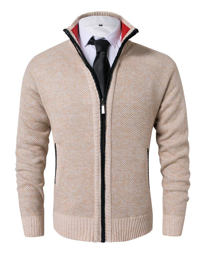 Vcansion Men's Classic Thick Knitted Cardigan Sweaters Long Sleeve Full Zip Sweater Beige L - Image 1