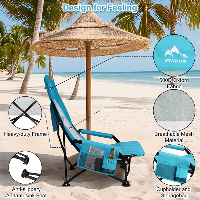 Oileus Folding Portable Beach Chair, Lightweight High Back Low Seat for Tent u0026 Shelter u0026 Camping, Full Mesh Back, Cup Holder, Storage/Carry Bag, Armrest - 1 Pcs - Image 2