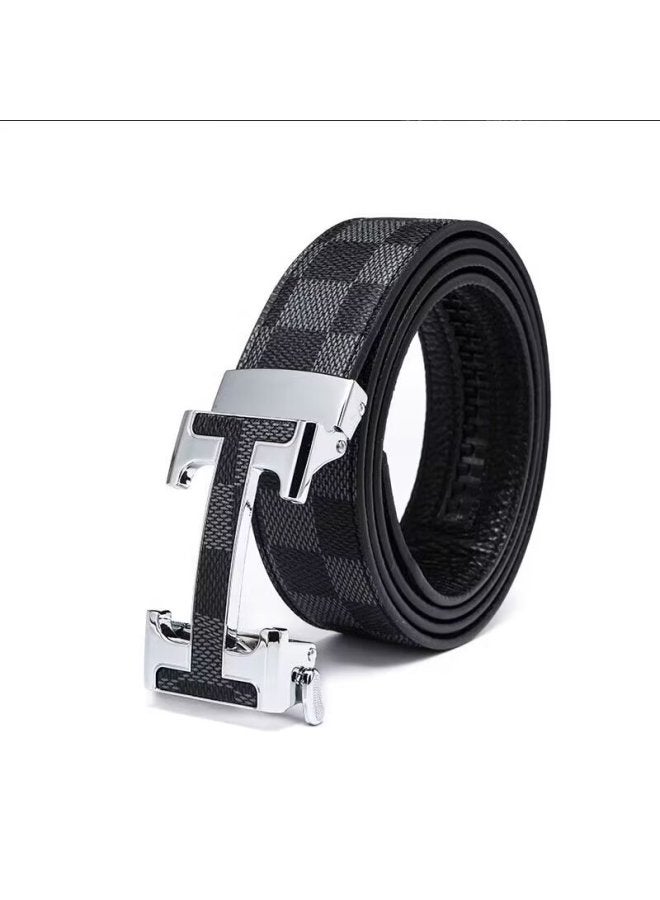 Men's Belt Buckle Zinc Alloy Automatic Buckle Leather Belt Top Layer Cowhide New Letter Buckle Plaid Pattern Belt