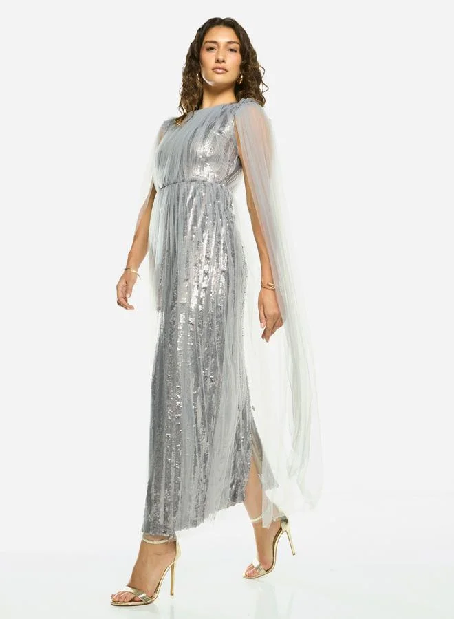 House of Moda Sequin Veil Overlay Evening Maxi Dress