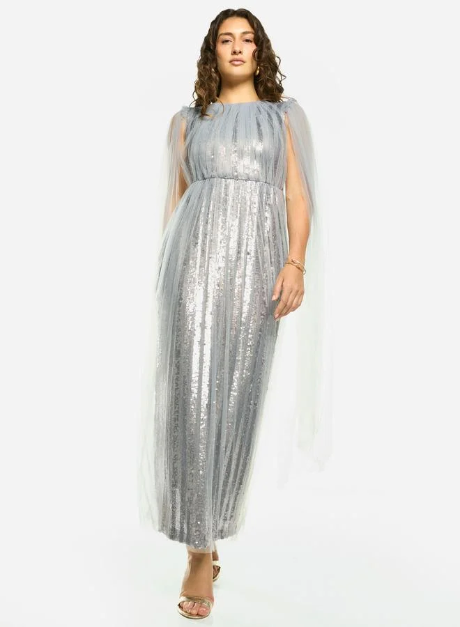 House of Moda Sequin Veil Overlay Evening Maxi Dress