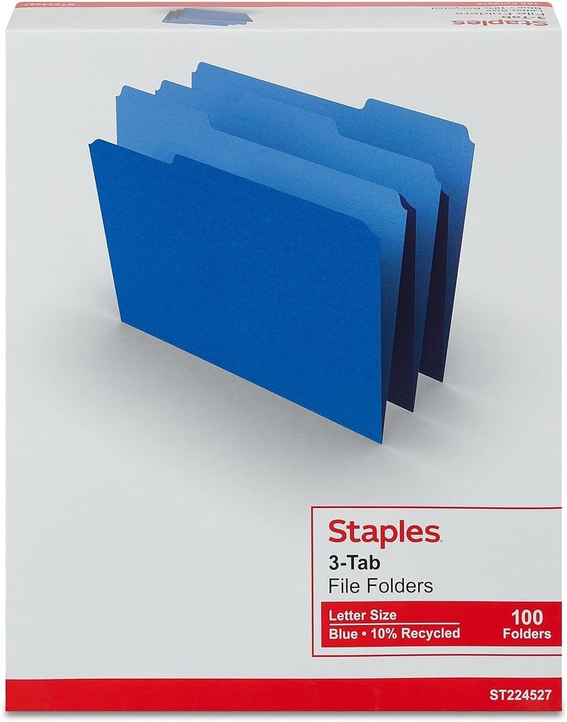 Staples File Folders - Letter Size, 1/3-Cut Top Tabs, Durable 10.5 pt. Blue Manila Folders, Pack of 100 for Office, Home, Classroom - Image 4