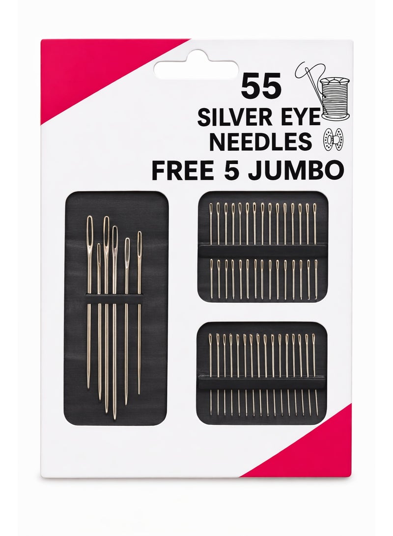 Trendiva 55 Pcs Silver Eye Sewing Needles Set – Multi Size Hand Sewing Needles Kit with 5 Jumbo Needles, Stainless Steel Needles for Sewing, Embroidery, Craft, Tailoring & DIY Repair - Image 1