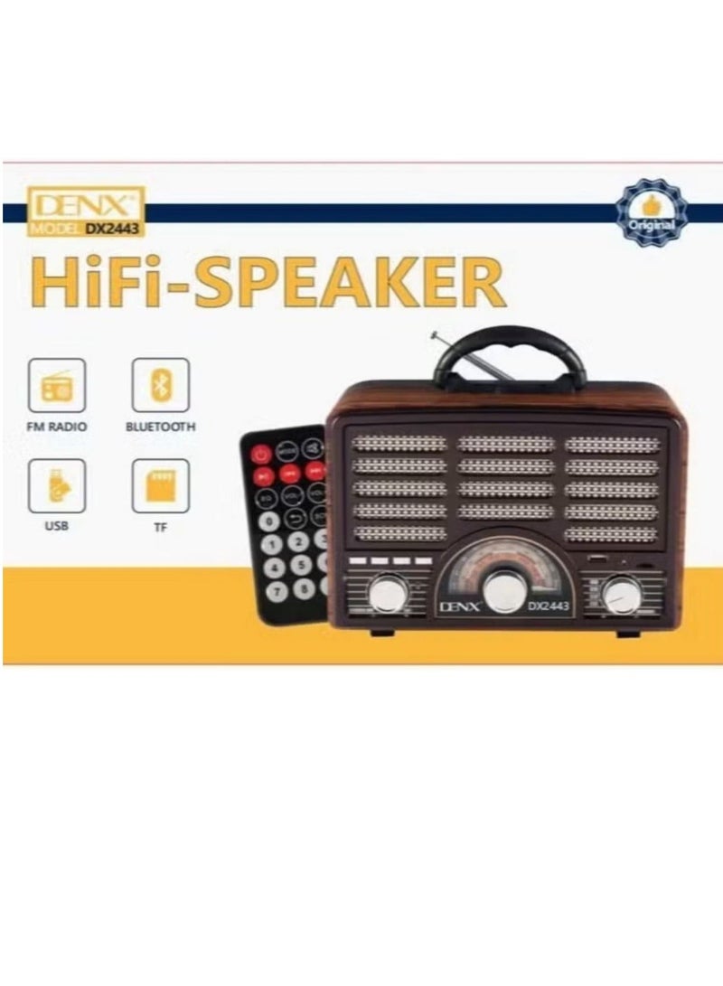 Denx Rechargeable HI-FI Radio with Remote Control, Large Capacity Battery, Portable, Retro Style FM Radio, Support Bluetooth, SD Card Slot, USB and AUX Port DX2443