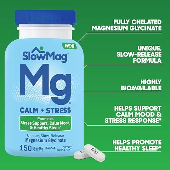 Slow-Mag أقراص سلوماج من غليسينات المغنيسيوم، 150 حبة، إطلاق بطيء، دعم للهدوء والتوتر، نوم صحي، لطيف على المعدة، مكملات غليسينات المغنيسيوم للنساء والرجال - Image 4