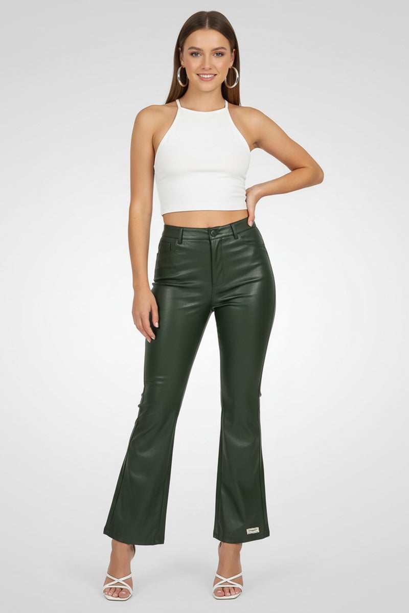 The Giving Movement Women Regular Fit Plain Flare Leg Pants, Green - Image 2