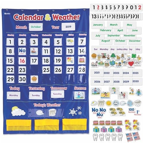 Learning Resources Calendar Weather Pocket Chart Classroom Must Haves Teacher Supplies Back To School Daily Routine For Kids Kindergarten and Homeschool Essentials Vocabulary Flash Cards - Image 1