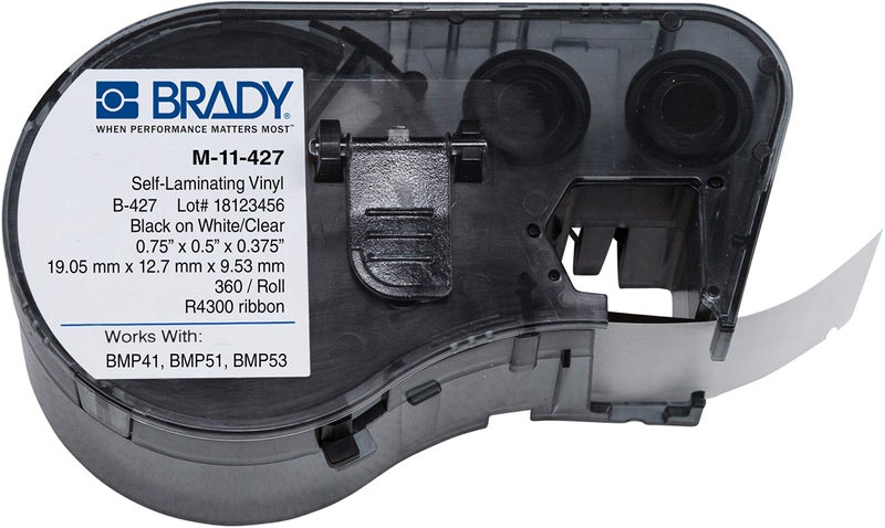 Brady - 143252 Self-Laminating Vinyl Label Tape (M-11-427) - Black on White, Translucent Tape - Compatible with BMP41, BMP51, and BMP53 Label Makers - .75" Height, .5" Width - Image 1