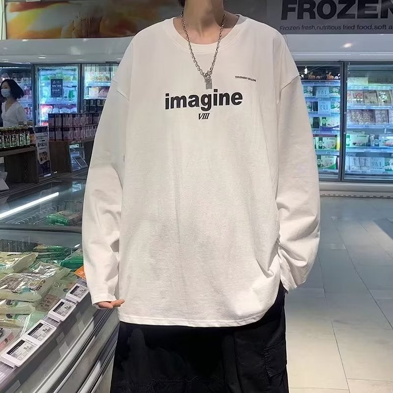 Hong Kong-style Hip-hop Autumn T-shirt Men's Long-sleeved Loose All-match Casual Simple Round Neck Sweater Fashionable Brand Inner T-shirt - Image 1