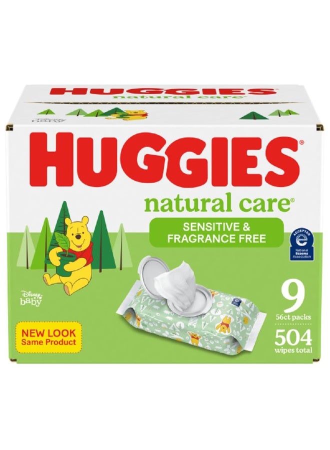 HUGGIES مناديل هاجيز الطبيعية للعناية بالبشرة الحساسة للأطفال، بدون رائحة، مضادة للحساسية، 99% ماء نقي، 9 عبوات قابلة للفتح (3 عبوات من 3)، 504 مناديل إجمالية (56 منديل لكل عبوة)، قد يختلف التغليف - Image 1