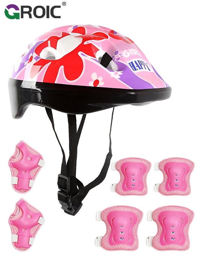 GROIC Kids Protective Gear Adjustable Protective Helmet,Kids Helmet Knee Elbow Pads Wrist Guard Sport Protective Gear Adjustable Scooter Skateboard Roller Bike Skate Cycling Safety Set(Pink) - Image 1