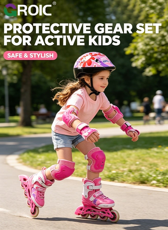 GROIC Kids Protective Gear Adjustable Protective Helmet,Kids Helmet Knee Elbow Pads Wrist Guard Sport Protective Gear Adjustable Scooter Skateboard Roller Bike Skate Cycling Safety Set(Pink) - Image 2